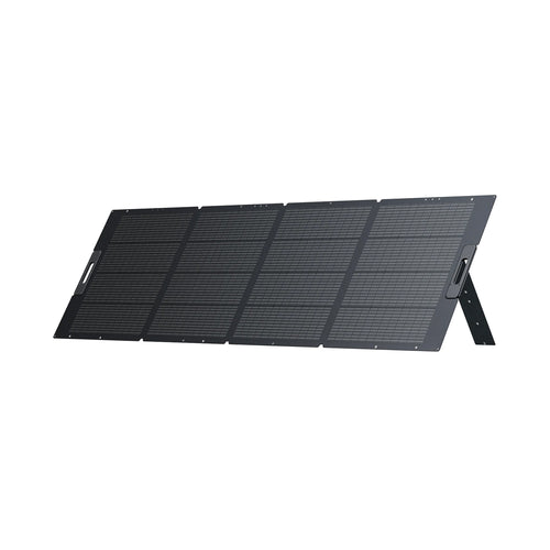 The BLUETTI PV350 Foldable Solar Panels, in black, feature a four-segment design on a support frame for optimal sunlight capture. With sleek aesthetics, they offer portable solar power solutions and seamlessly integrate with BLUETTI Power Stations for enhanced performance.