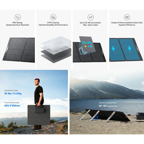 The BLUETTI PV350 Foldable Solar Panels, in black, feature a four-segment design on a support frame for optimal sunlight capture. With sleek aesthetics, they offer portable solar power solutions and seamlessly integrate with BLUETTI Power Stations for enhanced performance.