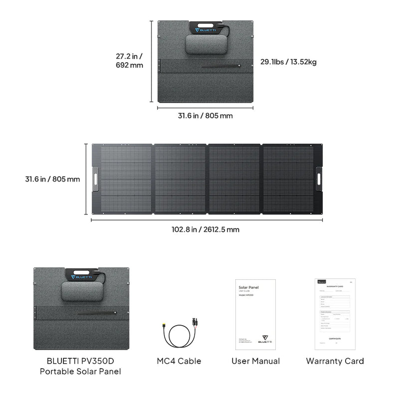 The BLUETTI PV350 Foldable Solar Panels, in black, feature a four-segment design on a support frame for optimal sunlight capture. With sleek aesthetics, they offer portable solar power solutions and seamlessly integrate with BLUETTI Power Stations for enhanced performance.