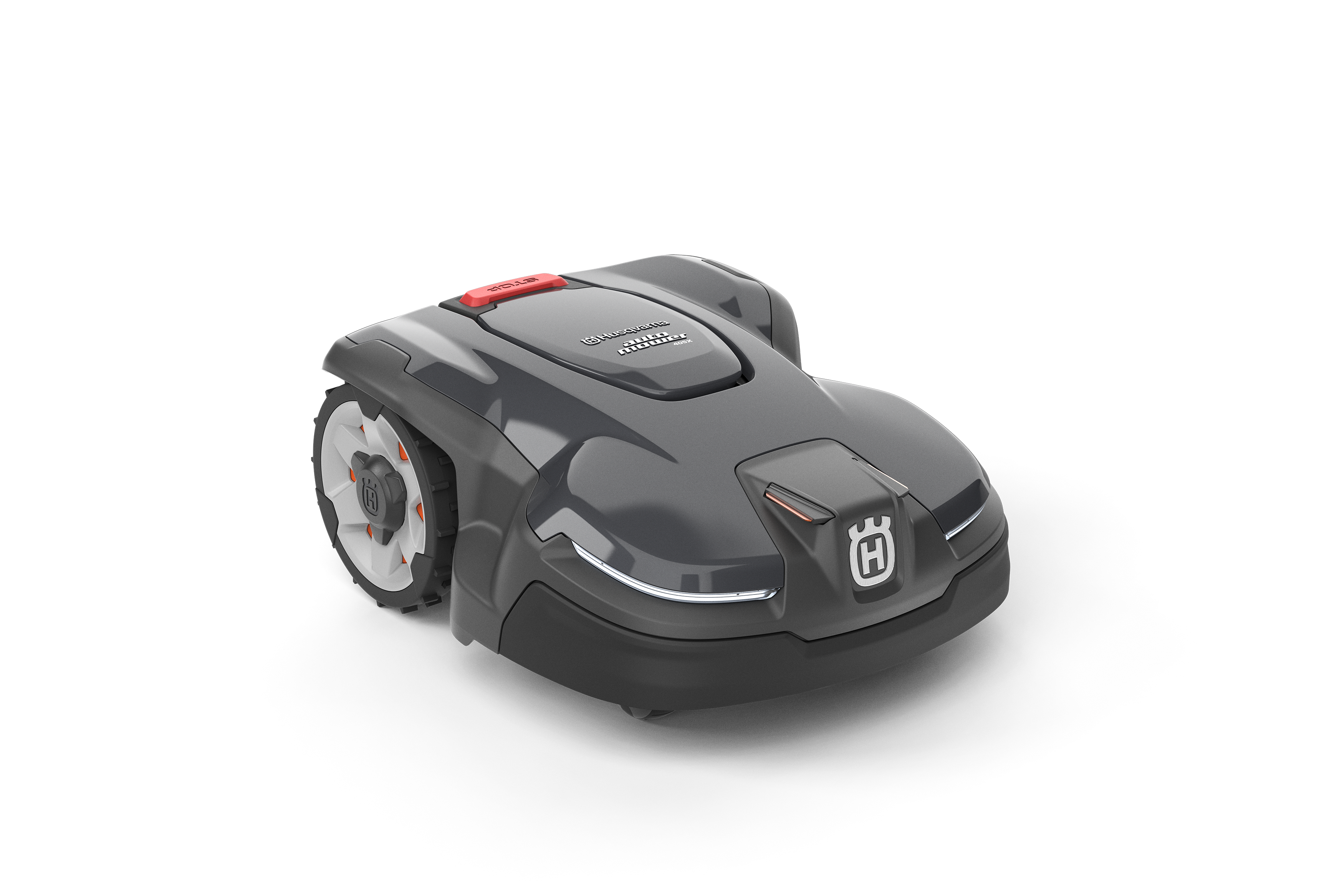 The Husqvarna Automower® 405X is a sleek, modern robotic lawn mower in dark gray with white and red accents and a front Husqvarna logo. Features like Automower Zone Control make yard maintenance effortless. Shown on a transparent background.