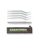 The Rabaconda Pro Tyre Iron Lever Set includes five silver tire irons with curved ends and a brown storage bag featuring the "Rabaconda Rider Developed Designs" label.