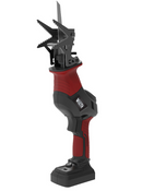 A red and black handheld power tool with a unique dual-blade system, the Victa Corvette 18V Pruning Saw boasts a compact design. The tool has a pistol-like grip and trigger, with two serrated blades at the front for cutting. The device features the brand name "Victa" on its side.
