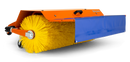 The Husqvarna Broom is a large industrial rotating attachment with bright yellow bristles, an orange metal frame, support wheels, and a blue cover, ideal for sweeping streets or expansive surfaces.