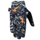 The FIST QUAKER GLOVE is a black MTB glove with bold skulls, lightning bolts, checkered patterns, "FIST" on the knuckles, gray stone textures, and hand gesture illustrations.
