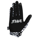 The FIST QUAKER GLOVE is a black MTB glove with bold skulls, lightning bolts, checkered patterns, "FIST" on the knuckles, gray stone textures, and hand gesture illustrations.