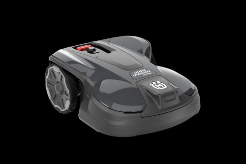 The Husqvarna Automower® 320 NERA is a sleek, gray robotic lawn mower with large rear wheels and a top control panel, featuring the Husqvarna logo on the front, shown against a black background.
