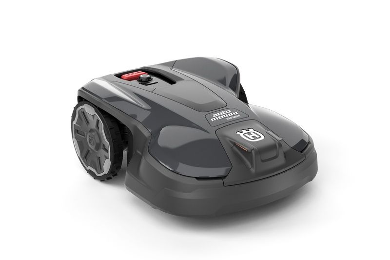The Husqvarna Automower® 320 NERA is a sleek, gray robotic lawn mower with large rear wheels and a top control panel, featuring the Husqvarna logo on the front, shown against a black background.