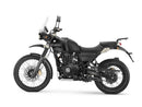 Image displaying Ventura's EVO-12 Bike-Pack Kit for the Royal Enfield Himalayan 410 (17->) includes a black Adjustable Pack-Rack, a metal Evo-Rack mounted on a bike, and an L-Bracket with screws.