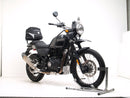 Image displaying Ventura's EVO-12 Bike-Pack Kit for the Royal Enfield Himalayan 410 (17->) includes a black Adjustable Pack-Rack, a metal Evo-Rack mounted on a bike, and an L-Bracket with screws.
