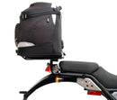 Image displaying Ventura's EVO-12 Bike-Pack Kit for the Royal Enfield Himalayan 410 (17->) includes a black Adjustable Pack-Rack, a metal Evo-Rack mounted on a bike, and an L-Bracket with screws.