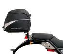Image displaying Ventura's EVO-12 Bike-Pack Kit for the Royal Enfield Himalayan 410 (17->) includes a black Adjustable Pack-Rack, a metal Evo-Rack mounted on a bike, and an L-Bracket with screws.