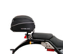 Image displaying Ventura's EVO-12 Bike-Pack Kit for the Royal Enfield Himalayan 410 (17->) includes a black Adjustable Pack-Rack, a metal Evo-Rack mounted on a bike, and an L-Bracket with screws.