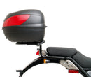 Image displaying Ventura's EVO-12 Bike-Pack Kit for the Royal Enfield Himalayan 410 (17->) includes a black Adjustable Pack-Rack, a metal Evo-Rack mounted on a bike, and an L-Bracket with screws.
