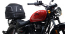 The image showcases the "Royal Enfield Meteor 350 (21 - >)," featuring a sleek black bike pack with a logo, sturdy Evo-Rack, and L-Bracket. Each component, including screws and pannier support, is labeled in vivid red text for easy identification by Ventura.