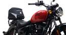 The image showcases the "Royal Enfield Meteor 350 (21 - >)," featuring a sleek black bike pack with a logo, sturdy Evo-Rack, and L-Bracket. Each component, including screws and pannier support, is labeled in vivid red text for easy identification by Ventura.