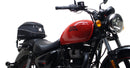 The image showcases the "Royal Enfield Meteor 350 (21 - >)," featuring a sleek black bike pack with a logo, sturdy Evo-Rack, and L-Bracket. Each component, including screws and pannier support, is labeled in vivid red text for easy identification by Ventura.