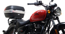 The image showcases the "Royal Enfield Meteor 350 (21 - >)," featuring a sleek black bike pack with a logo, sturdy Evo-Rack, and L-Bracket. Each component, including screws and pannier support, is labeled in vivid red text for easy identification by Ventura.