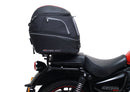 The image showcases the "Royal Enfield Meteor 350 (21 - >)," featuring a sleek black bike pack with a logo, sturdy Evo-Rack, and L-Bracket. Each component, including screws and pannier support, is labeled in vivid red text for easy identification by Ventura.