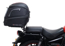 The image showcases the "Royal Enfield Meteor 350 (21 - >)," featuring a sleek black bike pack with a logo, sturdy Evo-Rack, and L-Bracket. Each component, including screws and pannier support, is labeled in vivid red text for easy identification by Ventura.