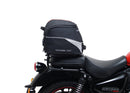 The image showcases the "Royal Enfield Meteor 350 (21 - >)," featuring a sleek black bike pack with a logo, sturdy Evo-Rack, and L-Bracket. Each component, including screws and pannier support, is labeled in vivid red text for easy identification by Ventura.