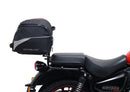 The image showcases the "Royal Enfield Meteor 350 (21 - >)," featuring a sleek black bike pack with a logo, sturdy Evo-Rack, and L-Bracket. Each component, including screws and pannier support, is labeled in vivid red text for easy identification by Ventura.