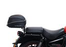 The image showcases the "Royal Enfield Meteor 350 (21 - >)," featuring a sleek black bike pack with a logo, sturdy Evo-Rack, and L-Bracket. Each component, including screws and pannier support, is labeled in vivid red text for easy identification by Ventura.