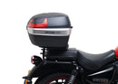The image showcases the "Royal Enfield Meteor 350 (21 - >)," featuring a sleek black bike pack with a logo, sturdy Evo-Rack, and L-Bracket. Each component, including screws and pannier support, is labeled in vivid red text for easy identification by Ventura.