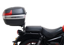 The image showcases the "Royal Enfield Meteor 350 (21 - >)," featuring a sleek black bike pack with a logo, sturdy Evo-Rack, and L-Bracket. Each component, including screws and pannier support, is labeled in vivid red text for easy identification by Ventura.