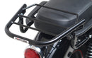 The image showcases the "Royal Enfield Meteor 350 (21 - >)," featuring a sleek black bike pack with a logo, sturdy Evo-Rack, and L-Bracket. Each component, including screws and pannier support, is labeled in vivid red text for easy identification by Ventura.