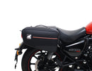 The image showcases the "Royal Enfield Meteor 350 (21 - >)," featuring a sleek black bike pack with a logo, sturdy Evo-Rack, and L-Bracket. Each component, including screws and pannier support, is labeled in vivid red text for easy identification by Ventura.