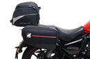 The image showcases the "Royal Enfield Meteor 350 (21 - >)," featuring a sleek black bike pack with a logo, sturdy Evo-Rack, and L-Bracket. Each component, including screws and pannier support, is labeled in vivid red text for easy identification by Ventura.