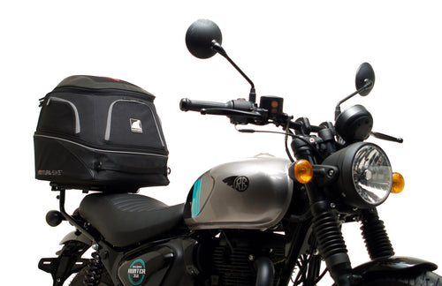 The Ventura EVO-12 Bike-Pack Kit for the Royal Enfield Hunter 350 (22 ->) includes a black soft-sided pack, an Adjustable Pack-Rack with mounting points, and an L-Bracket with screws and assembly parts.