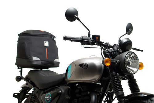 The Ventura EVO-12 Bike-Pack Kit for the Royal Enfield Hunter 350 (22 ->) includes a black soft-sided pack, an Adjustable Pack-Rack with mounting points, and an L-Bracket with screws and assembly parts.