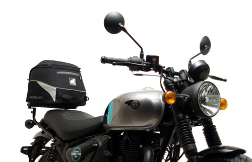 The Ventura EVO-12 Bike-Pack Kit for the Royal Enfield Hunter 350 (22 ->) includes a black soft-sided pack, an Adjustable Pack-Rack with mounting points, and an L-Bracket with screws and assembly parts.