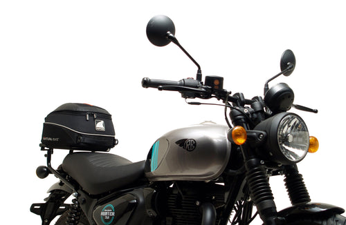 The Ventura EVO-12 Bike-Pack Kit for the Royal Enfield Hunter 350 (22 ->) includes a black soft-sided pack, an Adjustable Pack-Rack with mounting points, and an L-Bracket with screws and assembly parts.