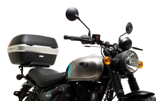 The Ventura EVO-12 Bike-Pack Kit for the Royal Enfield Hunter 350 (22 ->) includes a black soft-sided pack, an Adjustable Pack-Rack with mounting points, and an L-Bracket with screws and assembly parts.