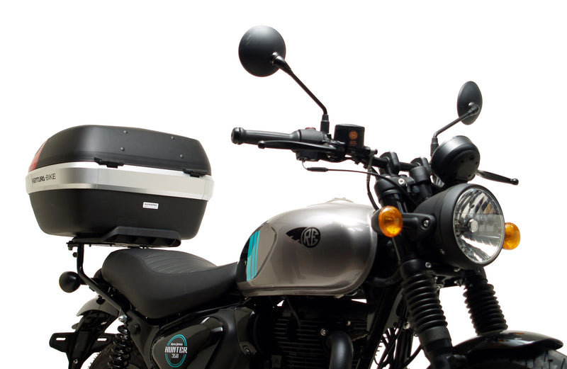 The Ventura EVO-12 Bike-Pack Kit for the Royal Enfield Hunter 350 (22 ->) includes a black soft-sided pack, an Adjustable Pack-Rack with mounting points, and an L-Bracket with screws and assembly parts.
