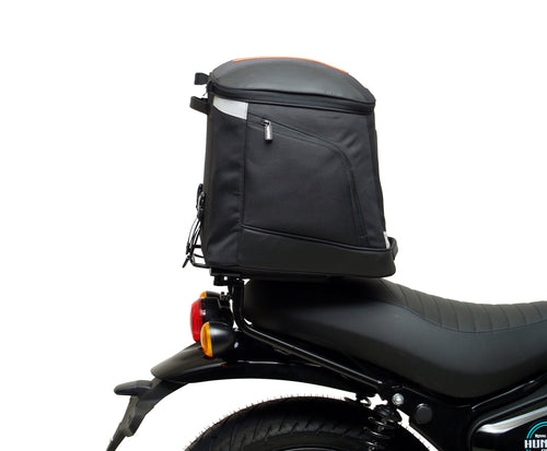The Ventura EVO-12 Bike-Pack Kit for the Royal Enfield Hunter 350 (22 ->) includes a black soft-sided pack, an Adjustable Pack-Rack with mounting points, and an L-Bracket with screws and assembly parts.