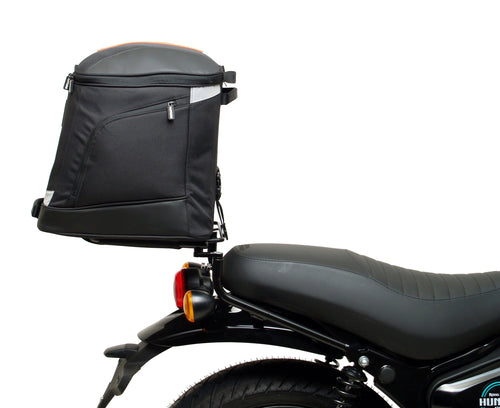 The Ventura EVO-12 Bike-Pack Kit for the Royal Enfield Hunter 350 (22 ->) includes a black soft-sided pack, an Adjustable Pack-Rack with mounting points, and an L-Bracket with screws and assembly parts.