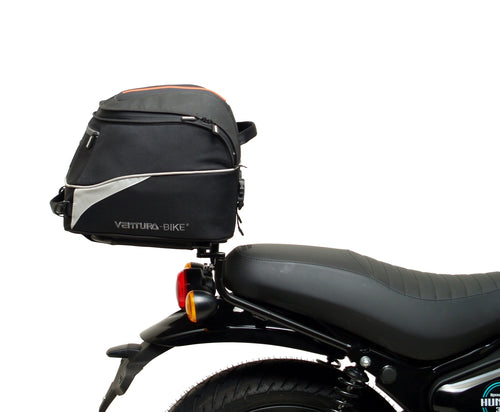 The Ventura EVO-12 Bike-Pack Kit for the Royal Enfield Hunter 350 (22 ->) includes a black soft-sided pack, an Adjustable Pack-Rack with mounting points, and an L-Bracket with screws and assembly parts.