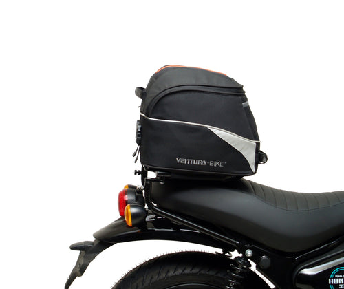 The Ventura EVO-12 Bike-Pack Kit for the Royal Enfield Hunter 350 (22 ->) includes a black soft-sided pack, an Adjustable Pack-Rack with mounting points, and an L-Bracket with screws and assembly parts.