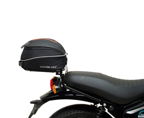 The Ventura EVO-12 Bike-Pack Kit for the Royal Enfield Hunter 350 (22 ->) includes a black soft-sided pack, an Adjustable Pack-Rack with mounting points, and an L-Bracket with screws and assembly parts.