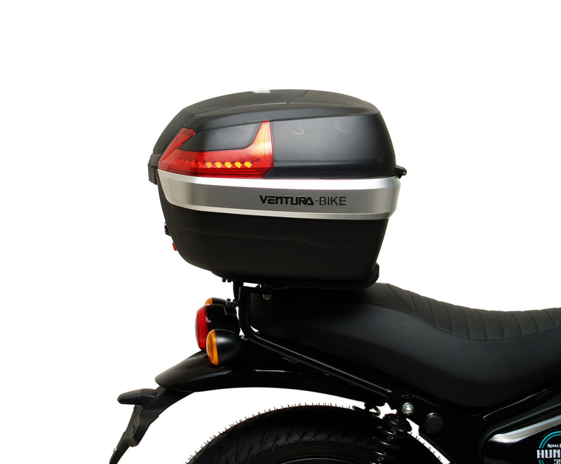 The Ventura EVO-12 Bike-Pack Kit for the Royal Enfield Hunter 350 (22 ->) includes a black soft-sided pack, an Adjustable Pack-Rack with mounting points, and an L-Bracket with screws and assembly parts.