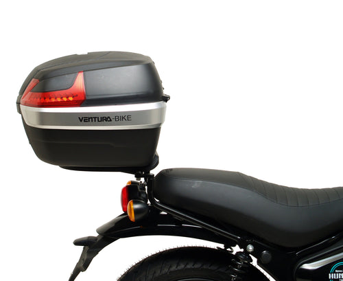 The Ventura EVO-12 Bike-Pack Kit for the Royal Enfield Hunter 350 (22 ->) includes a black soft-sided pack, an Adjustable Pack-Rack with mounting points, and an L-Bracket with screws and assembly parts.
