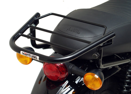 The Ventura EVO-12 Bike-Pack Kit for the Royal Enfield Hunter 350 (22 ->) includes a black soft-sided pack, an Adjustable Pack-Rack with mounting points, and an L-Bracket with screws and assembly parts.