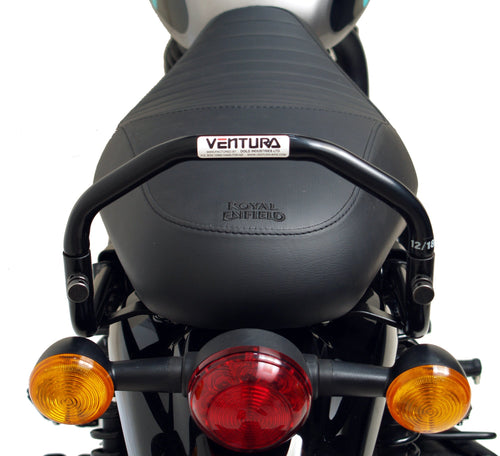 The Ventura EVO-12 Bike-Pack Kit for the Royal Enfield Hunter 350 (22 ->) includes a black soft-sided pack, an Adjustable Pack-Rack with mounting points, and an L-Bracket with screws and assembly parts.