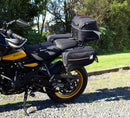 Ventura EVO-12 Bike-Pack Kit for Royal Enfield Himalayan 452 (24->), includes a black EVO-12 pack, rear Evo-Rack for your motorcycle, and L-brackets with screws—generic image shown.