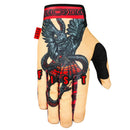 The FIST RED EARTH Glove is a tan BMX glove with black fingertips, featuring a black bird fighting a snake illustration. "FIST" appears in bold red on the knuckles, and a red "FIST" tag sticks out from the side.