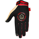 The FIST RED EARTH Glove is a tan BMX glove with black fingertips, featuring a black bird fighting a snake illustration. "FIST" appears in bold red on the knuckles, and a red "FIST" tag sticks out from the side.