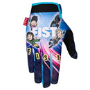 The FIST REID CASEY FISTNITE GLOVE is a colorful MTB glove with cartoon characters, bold "FIST" in white on the back, and "FIST" spelled out on the fingers against a dynamic, swirling background.